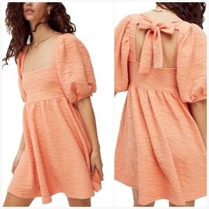 Free People Violet Puff Sleeve Back Tie Square Neck Mini Dress‎ Grapefruit Small